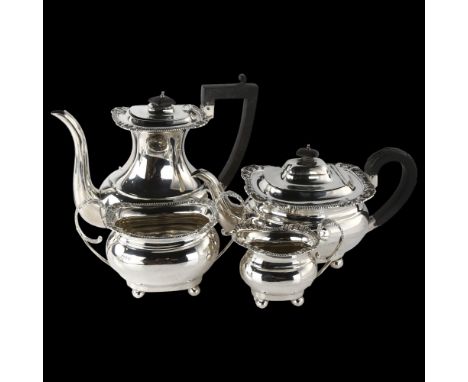 A George V silver 4-piece tea set, comprising teapot, hot water jug, 2-handled sugar bowl and cream jug, oval bulbous form wi