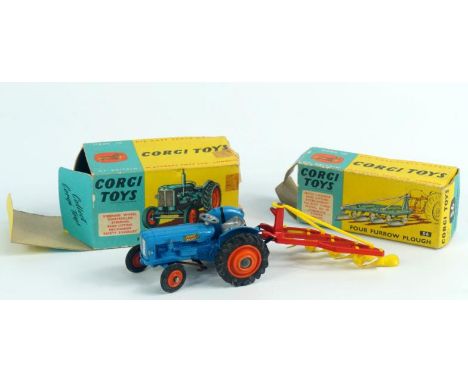 Corgi Toys diecast vehicle, No 55 Fordson Power Major Tractor, boxed, and No 56 four furrow plough, boxed, (2).