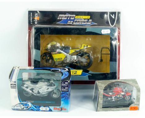 *Various scale diecast motorcycles, including Maisto 2007 Harley Davidson VRSCR Street Rod, Honda RSN250, Moto Guzzi V35, etc