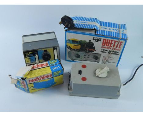 A Hornby R410 control centre, H & M Duette Transformer Controller and sundry model railway control units, (qty).