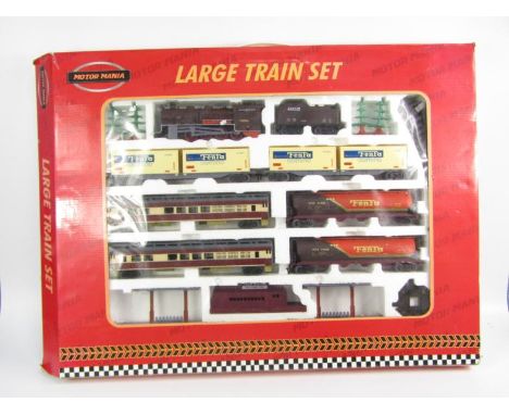 A Motor Mania Large Train set, with Fenfa engine, tender, rolling stock, carriage, station, track, etc., boxed.