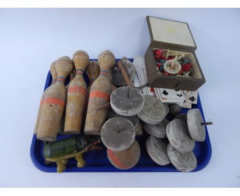 Wooden skittles, bone chess pieces, treen toys, Battleships and other vintage games, etc, (2 boxes).