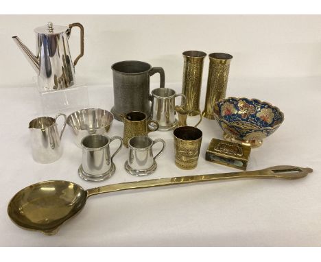 A small quantity of vintage metal ware items to include James Dixon &amp; Co 3 piece coffee set. A small matching coffee pot,