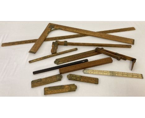 A collection of vintage wooden rules to include shoe sizers and an ironmongers yard stick. Examples by J.Rabone &amp; Sons, B