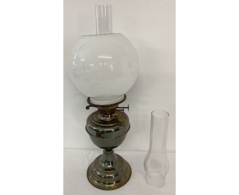 A vintage Duplex twin wick oil lamp, complete with chimney, white glass globe shade &amp; spare chimney.  