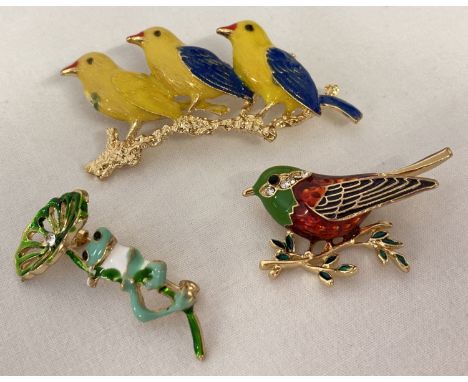 3 enamel and stone set costume jewellery brooches in the shape of birds &amp; a frog. 3 yellow and blue birds sitting on a br