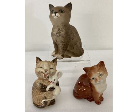 3 small Beswick ceramic cat figurines. A cat and mouse model No. 2100, a Persian kitten model No. 1886 in grey matt and a kit