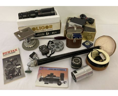 A small quantity of vintage camera lens and accessories. To include: boxed Metz Mecablitz flash unit, a boxed Soligor 90-230m