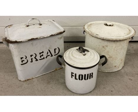2 vintage enamel bread bins together with a smaller enamel flour bin.  