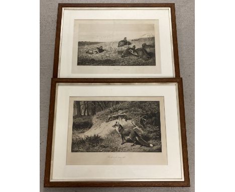 2 framed and glazed Archibald Thorburn black and white engravings. "The First Far Away Echo" depicting a fox and "Partridge".