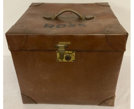 A vintage vulcanized fibre travelling case/trunk with leather carry handle. Black painted "Ross" to top of lid, black stars p