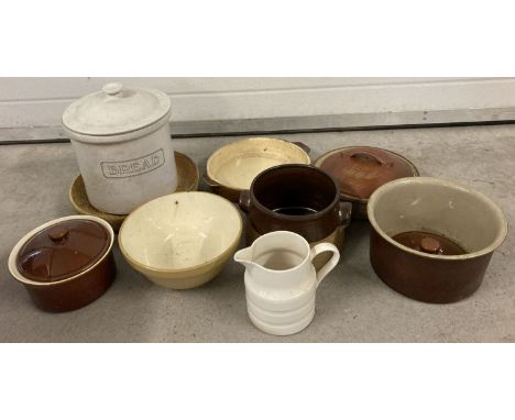 A quantity of assorted vintage stoneware and ceramic kitchen ware items. To include T.G. Green mixing bowl, large circular li
