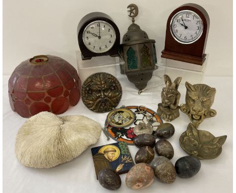 A collection of assorted vintage and modern items. To include natural stone eggs, mushroom white coral, Smith's wooden cased 