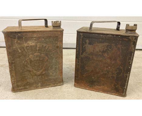 2 vintage 2 gallon petrol cans, one marked "Shell Mex, BP" with original Shell cap.  Approx. 33cm tall.
