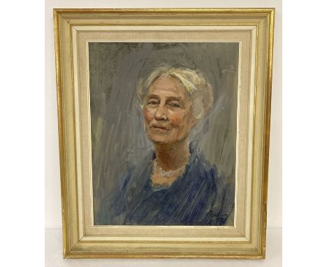 A framed oil on board portrait of a mature lady in a blue dress. Signed to bottom right Banbury 69. Frame size approx. 63.5 x