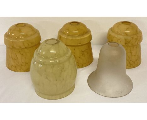 5 vintage glass lightshades. To include 3 matching mottled amber glass shades.  Approx. 15 cm tall x 14.5 cm diameter.