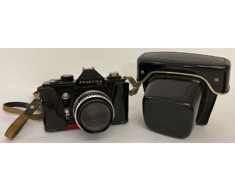 A Praktica LLC camera with Carl Zeiss Jena Pancolar 1, 8/50 lens. In leather protective case with carry strap. 