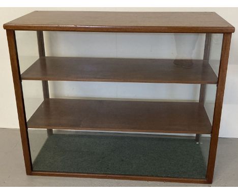 A vintage wooden cased display cabinet with 3 glazed sides, open back and 2 interior shelves.  Approx. 76 x 93 x 40cm.