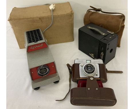A boxed vintage slide projector together with 2 vintage cased cameras. Alphax II projector, in very good original condition t