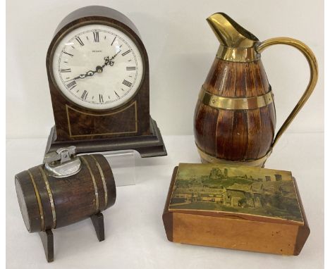 A collection of assorted vintage wooden items to include brass bound barrel shaped jug. Lot also includes wooden cased Metame