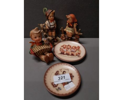 3 WEST GERMAN FIGURES BY W GOEBEL AND 2 MINIATURE GOEBEL PLATES