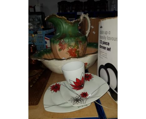 A BOX CONTAINING VINERS TEA WARE AND VINTAGE WASH JUG AND BASIN SET