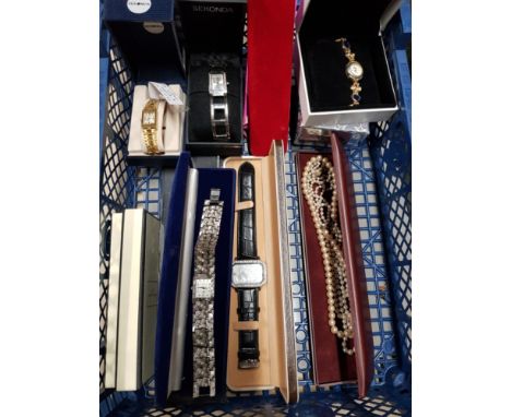 CRATE OF LADYS WRISTWATCHS AND 2 SIMULATED PEARL NECKLACES