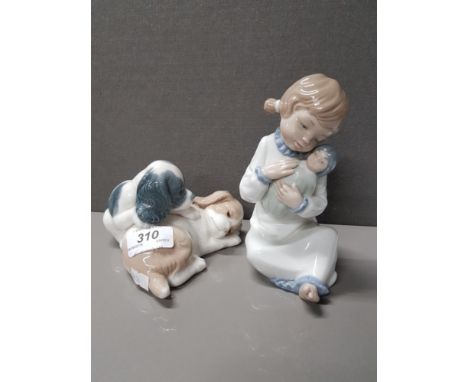 2 NAO FIGURES GIRL WITH DOLL AND SLEEPING PUPPYS