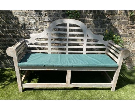 LUTYENS STYLE GARDEN BENCH, nicely weathered premium teak after a design by Sir Edwin Lutyens with seat cushion and rain cove