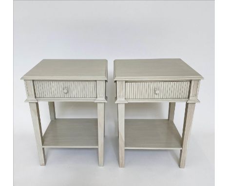 OKA LAMP TABLES, a pair, distressed grey painted with fluted front drawer and undertier. (2) 