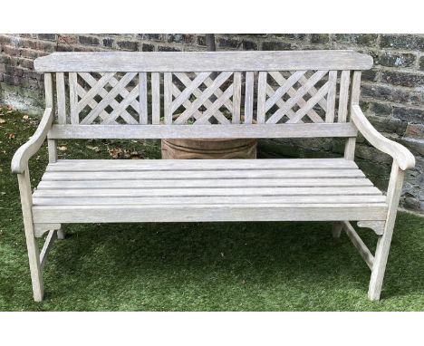 LATTICE GARDEN BENCH, well weathered teak with triple lattice panelled back and slatted seat, 146cm W. 