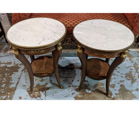 LAMP TABLES, a pair, Empire style each 43cm x 57 H with circular marble tops and gilt metal mounts. (2) 