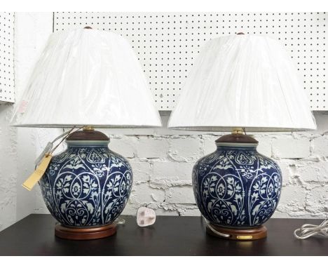 LAUREN RALPH LAUREN HOME TABLE LAMPS, a pair, 51cm H, blue and white ceramic, with shades. (2) 