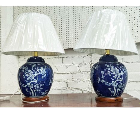 LAUREN RALPH LAUREN HOME TABLE LAMPS, a pair, 60cm H, Chinese style, blue and white ceramic, with shades. (2) 