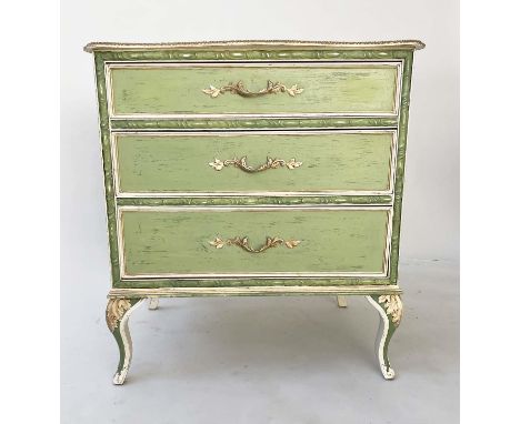 COMMODE, French style green painted and parcel gilt, Louis XV style with three drawers, 65cm x 46cm x 72cm H. 