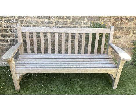 LISTER GARDEN BENCH, silvery weathered teak slatted with flap top arms, 162cm W. 