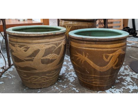 PLANTERS, a pair, 44cm x 44cm, Chinese style ceramic. (2) 