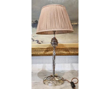 TABLE LAMP BASE, 49cm H, with decorative silver plate details and pleated shade. 