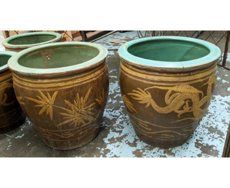 PLANTERS, a pair, 50cm x 50cm Chinese style ceramic. (2) 