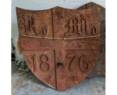 WALL SHIELDS, cast iron from Battersea Power Station Gas Works, one embossed '1876 R.M.' the other '1882 R. Morton Engineer',