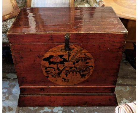 CHINESE TRUNK, 84cm W x 69cm H x 57cm W, with a rising lid and decorative lacquer detail. 