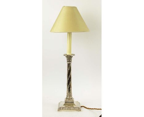 TABLE LAMP, converted from an Edwardian silver candlestick, Sheffield 1905, in the Neo-Classical revival style, cream shade, 