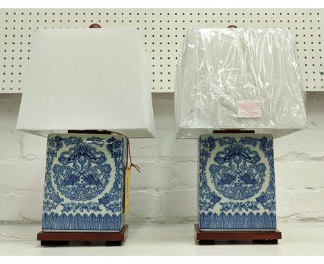 LAUREN RALPH LAUREN HOME TABLE LAMPS, a pair, 44cm H, blue and white ceramic with shades. (2) 