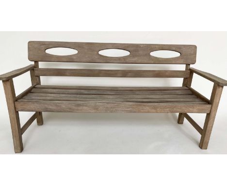 GARDEN BENCH BY SWANN HATTERSLEY, 1960's teak with incised solid back and slatted seat, 152cm W. 