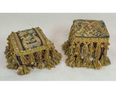 STOOLS, two, in tapestry upholstery, one with bobbin turned legs, 37cm H x 36cm sq. (2) 