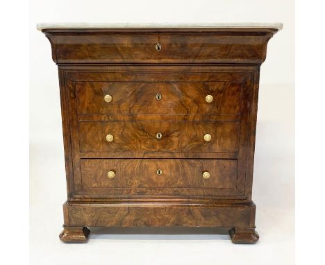COMMODE, 19th century French Louis Philippe burr walnut and gilt metal mounted with four long drawers and shaped Carrara marb