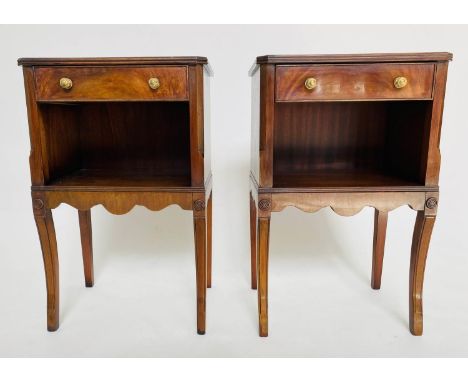 LAMP TABLES, a pair, 69cm H x 44cm x 32cm, George III style figured mahogany each with drawer, open compartment and sabre sup
