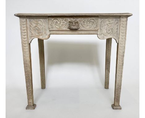 LAMP/SIDE TABLE, French limed oak with lion mask drawer and fluted supports, 76cm H x 46cm x 85cm. 