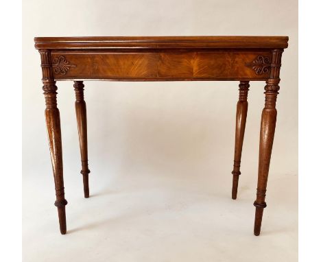 TEA TABLE, William IV flame mahogany rectangular foldover with anthemion carved frieze, ring turned collars and double gatele