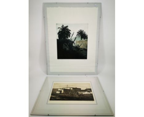 RUSCH, JENS (geb. 1950 in Neufeld/Dithmarschen, tätig in Brunsbüttel), Zwei Aquatinta-Radierungen: 1) Ohne Titel, Aquatinta-R